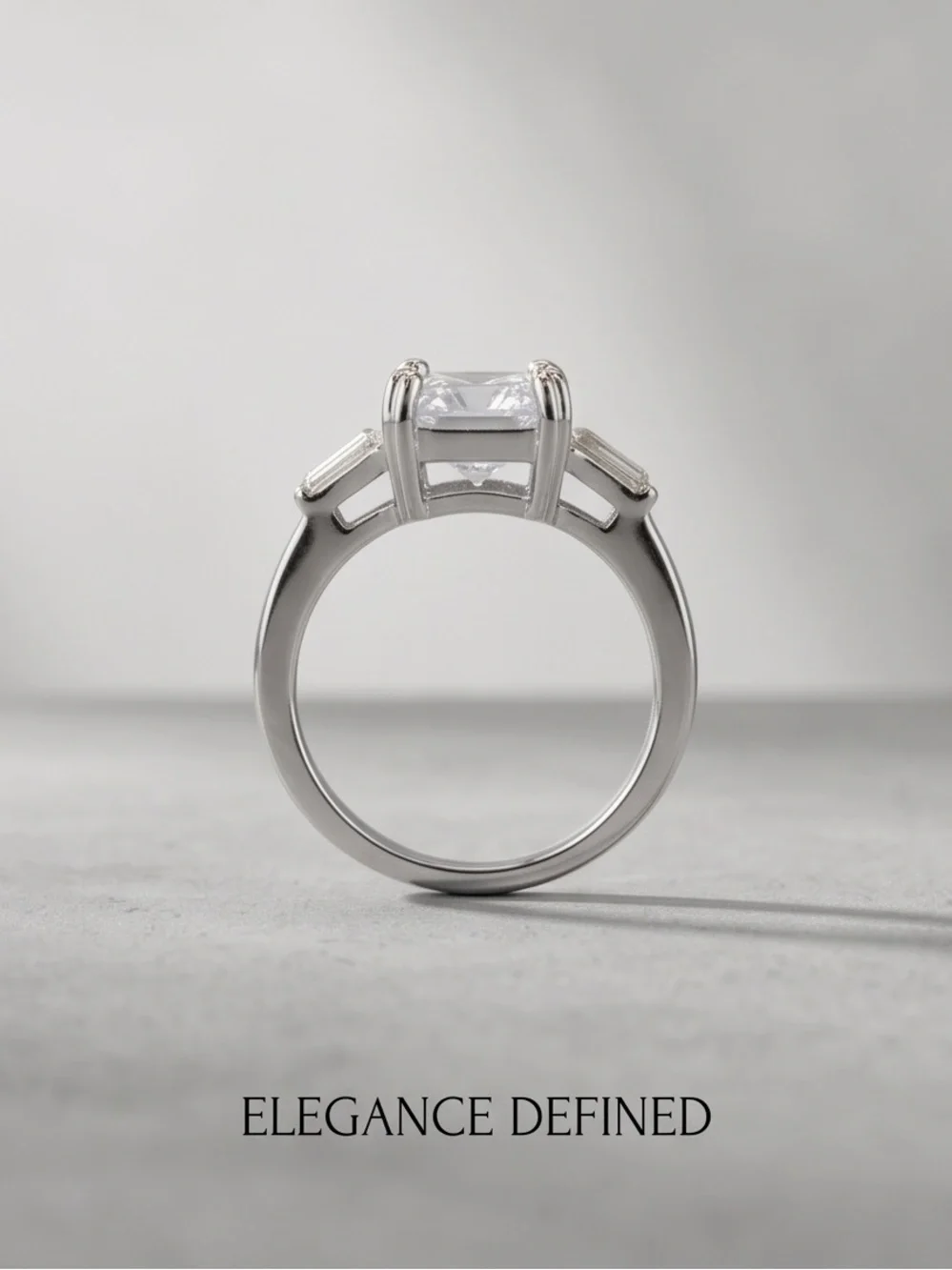 Princess Cut 3 Carat Silver Tone CZ Three Stone Engagement Ring Size 8-1/2